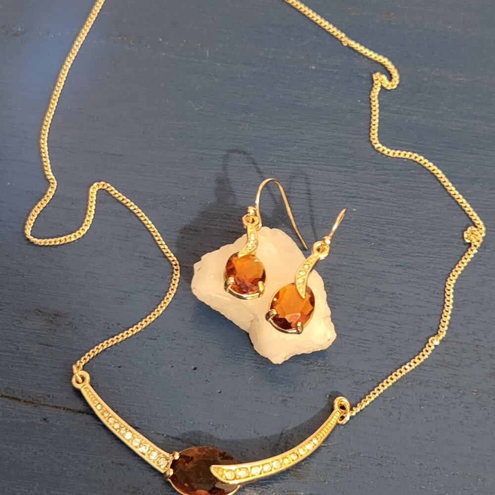 Vintage 1980's gold tone & topaz "Pretty Drama" necklace and earrings set SAQ